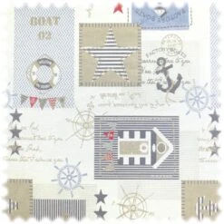 Jacquard Flachgewebe Möbelstoff Hafen Blau / Perlweiss Mit Maritime Motiv