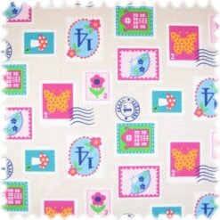 Auslaufware! Farbdruck Möbelstoff Briefmarke Beige / Pink / Grün