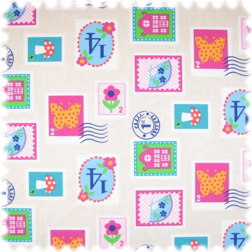 Auslaufware! Farbdruck Möbelstoff Briefmarke Beige / Pink / Grün 1 Auslaufware! Farbdruck Möbelstoff Briefmarke Beige / Pink / Grün