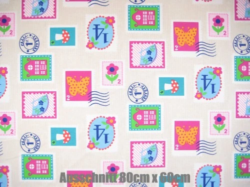 Auslaufware! Farbdruck Möbelstoff Briefmarke Beige / Pink / Grün 2 Auslaufware! Farbdruck Möbelstoff Briefmarke Beige / Pink / Grün – Bild 2