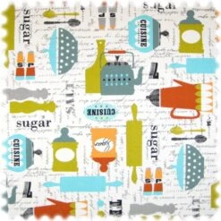 Auslaufware! Farbdruck Möbelstoff Kitchen Weiss / Hellblau / Orange / Grün